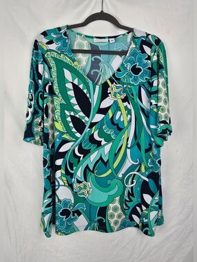 Susan Graver Paisley Floral V-Neck Liquid Knit Boxy Top sz XL